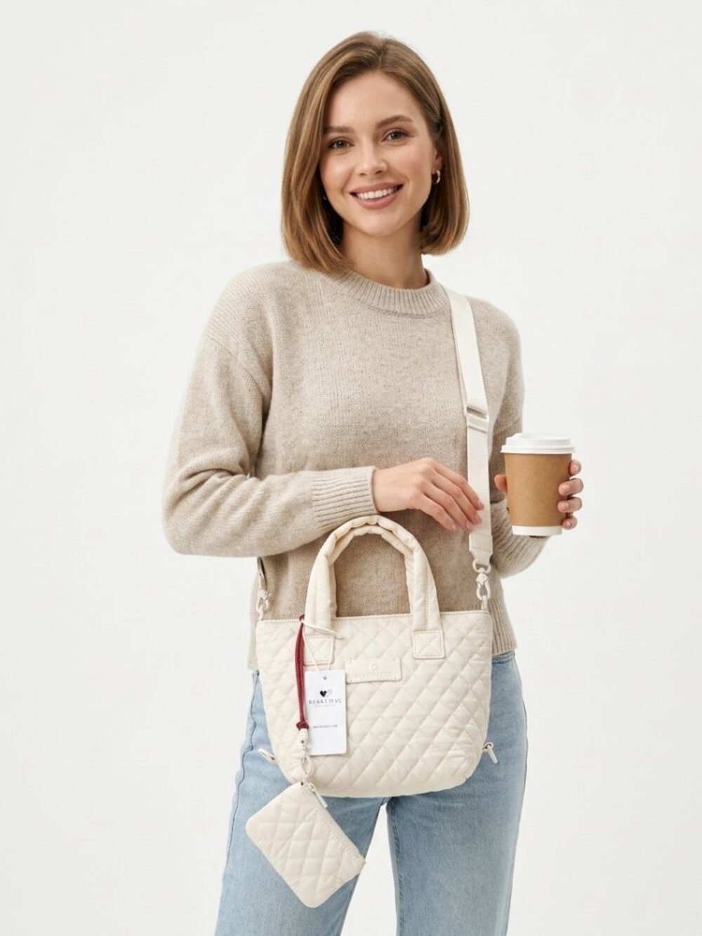 NWT Quilted Puffer Crossbody Tote in Pearl Off White